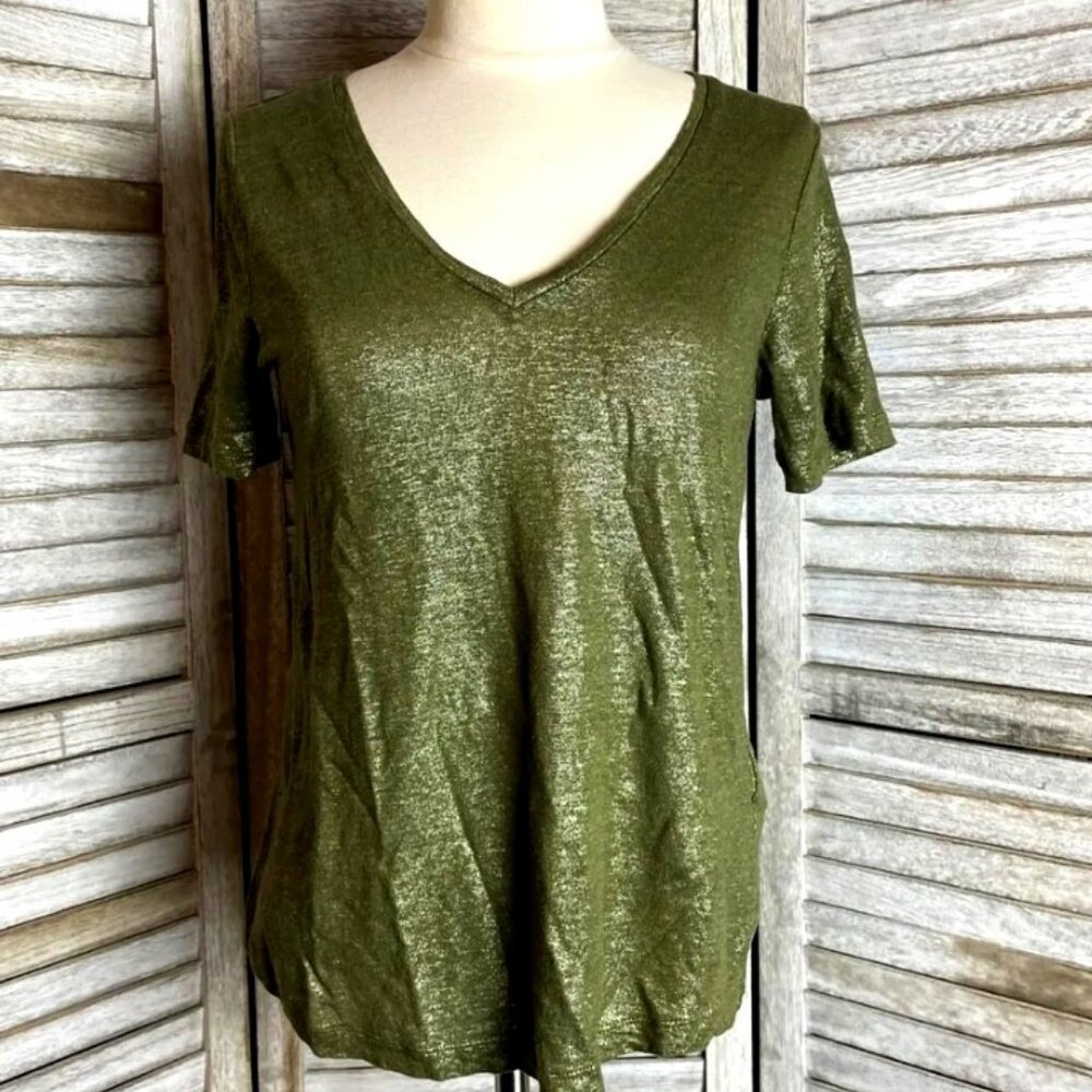Banana Republic Green/Gold V Neck Foil 100% Linen Blouse Size Medium